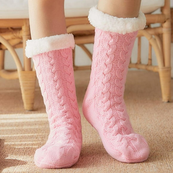 Chaussettes d'Hiver en Polaire pour Femmes Épaisses Antidérapantes Thermiques-Rose-