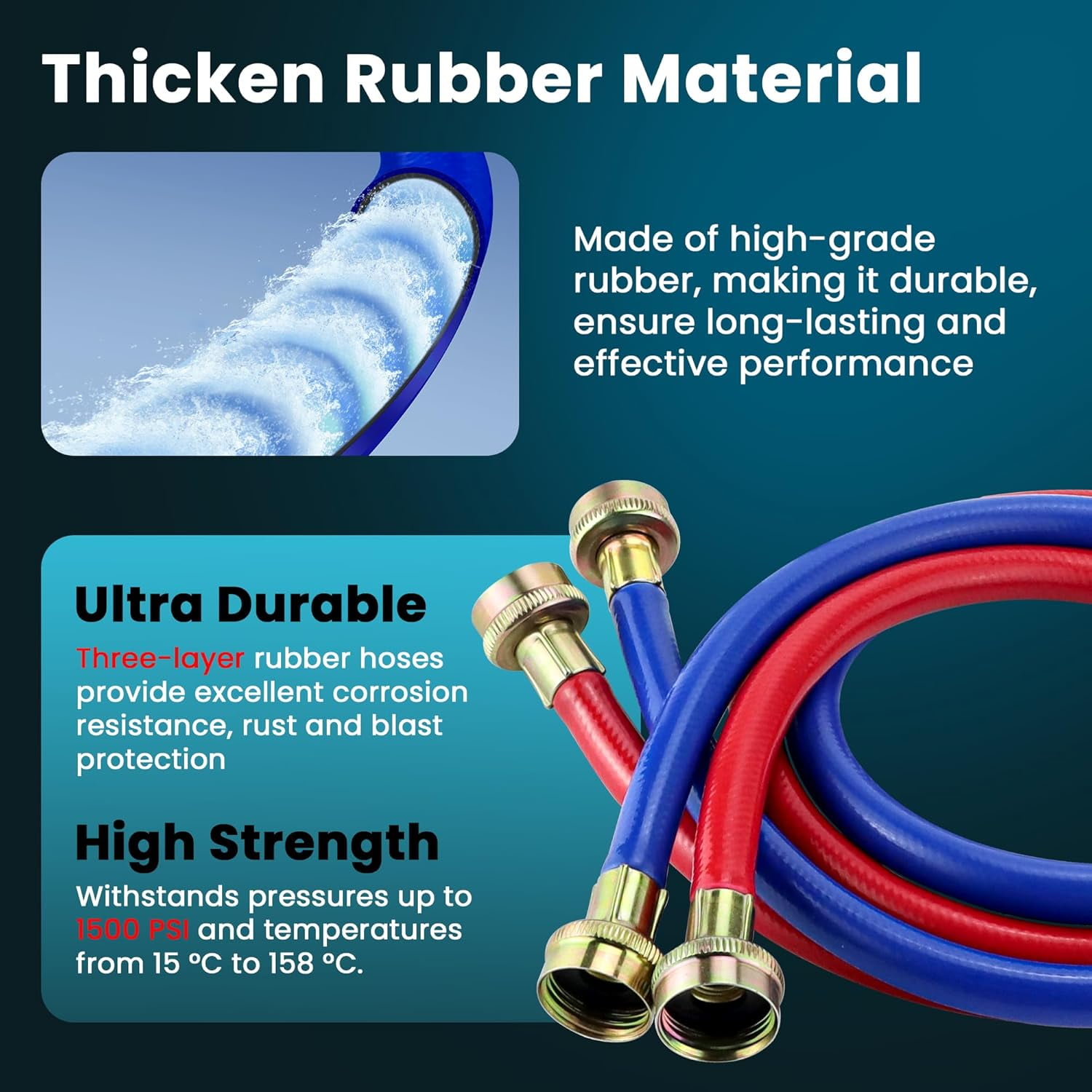 2 PACK 6FT Rubber Washing Machine Hoses Burst Proof Washer Water Hoses for Hot and Cold Water 3/4" Connection Water Supply Lines for ALL WASHERS by Fetechmate - 10 YEAR WARRANTY