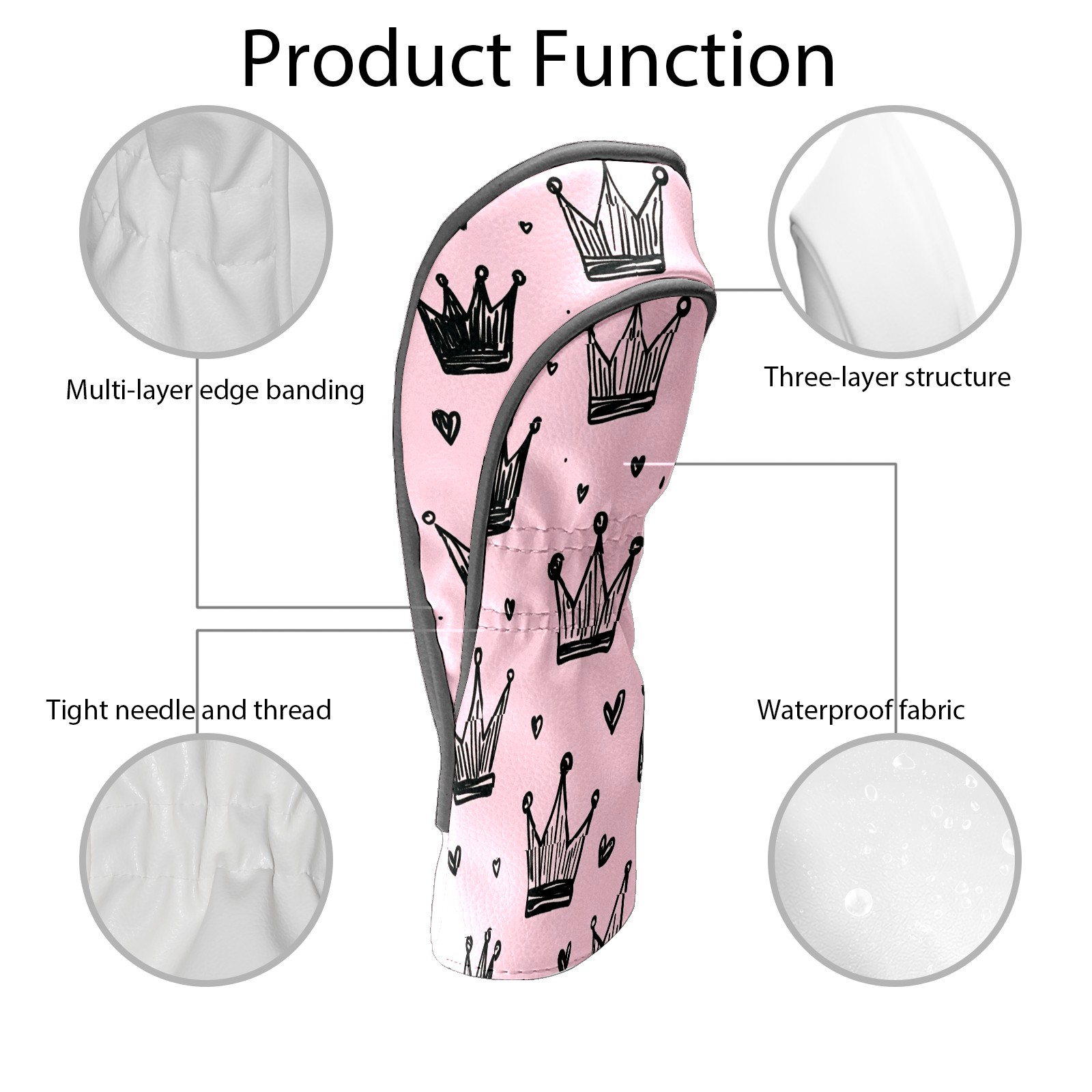 Golf Club Covers, Pink Black Crowns Premium PU Leather Driver Hybrid Putter Head Covers with Velvet Lining, Waterproof Golf Gifts for Men Women