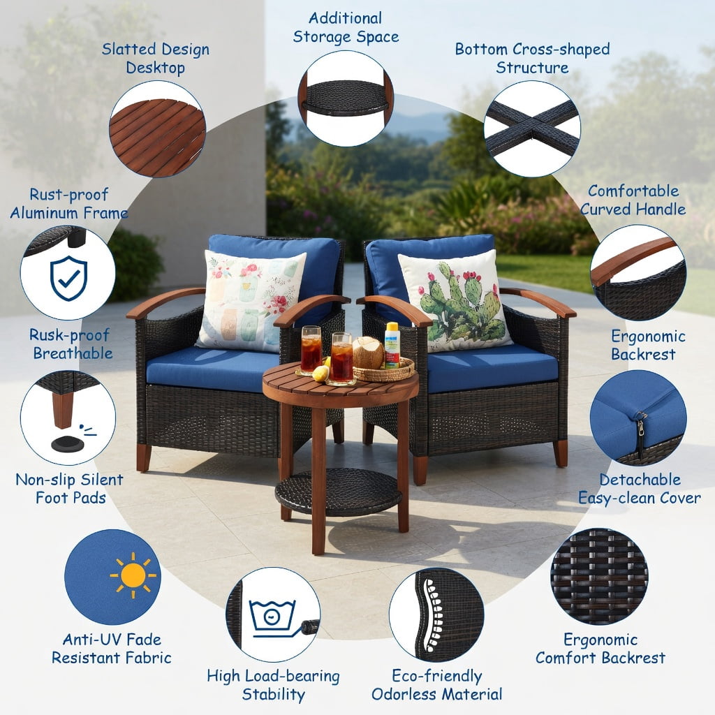 Hommoo 3-Piece Outdoor Rattan Patio Furniture Set with Washable Blue Cushions, Acacia Wood Coffee Table, Blue