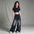 thumbnail image 5 of Glisme Little Girls Denim Pants Wide Leg Jeans With Pockets Autumn Casual Girls Baggy Trousers, 5 of 8