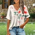 thumbnail image 2 of JTZGDY Short Sleeve V Neck T-Shirts for Women Dressy Floral Printed Summer Half Button Henley Tops Loose Fit Casual Graphic Vacation Tees Shirt Blouses Pink#02 XL, 2 of 6