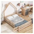 Full Size Floor Bed with Rails and Door for Kids, Wood Montessori Bed