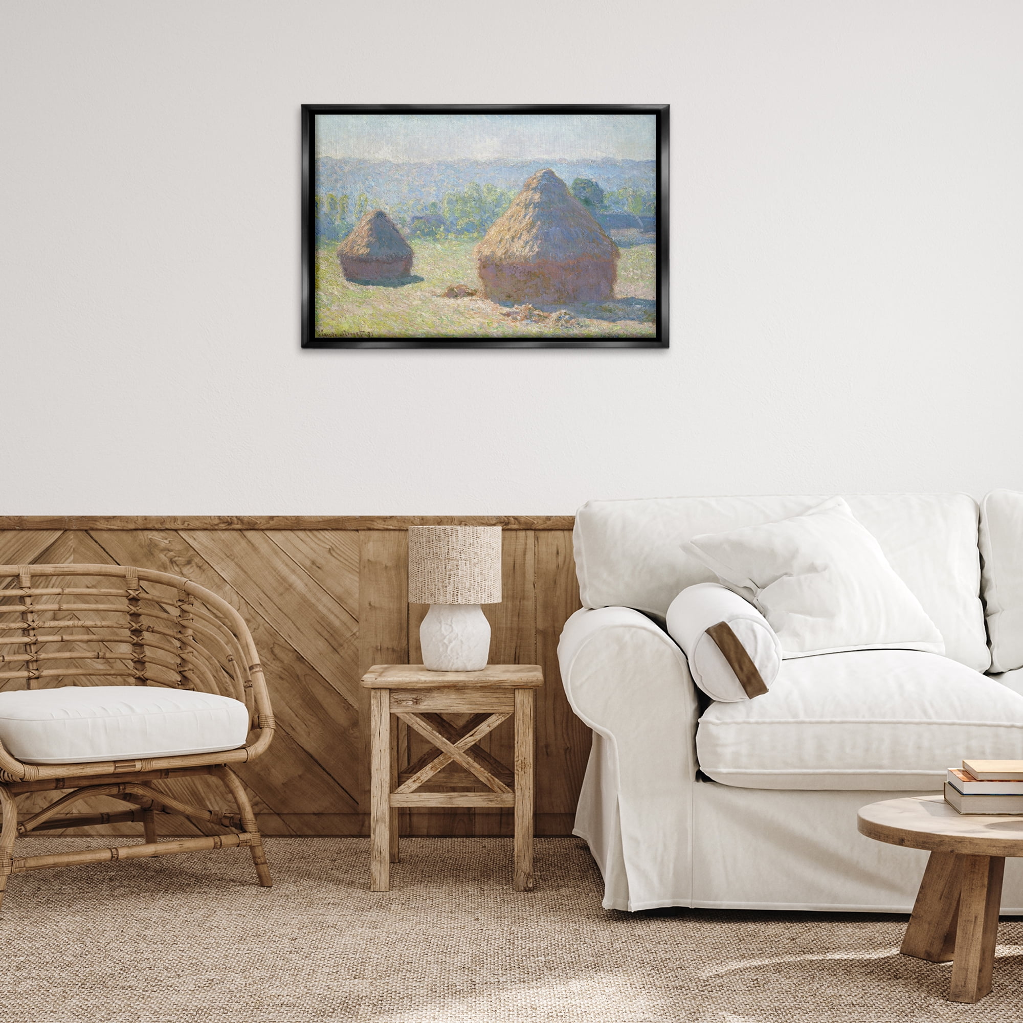 Stupell Industries Classic End Of Summer Haystacks Landscape & Nature Painting Black Floater Framed Canvas Art Print Wall Art, 31 x 21