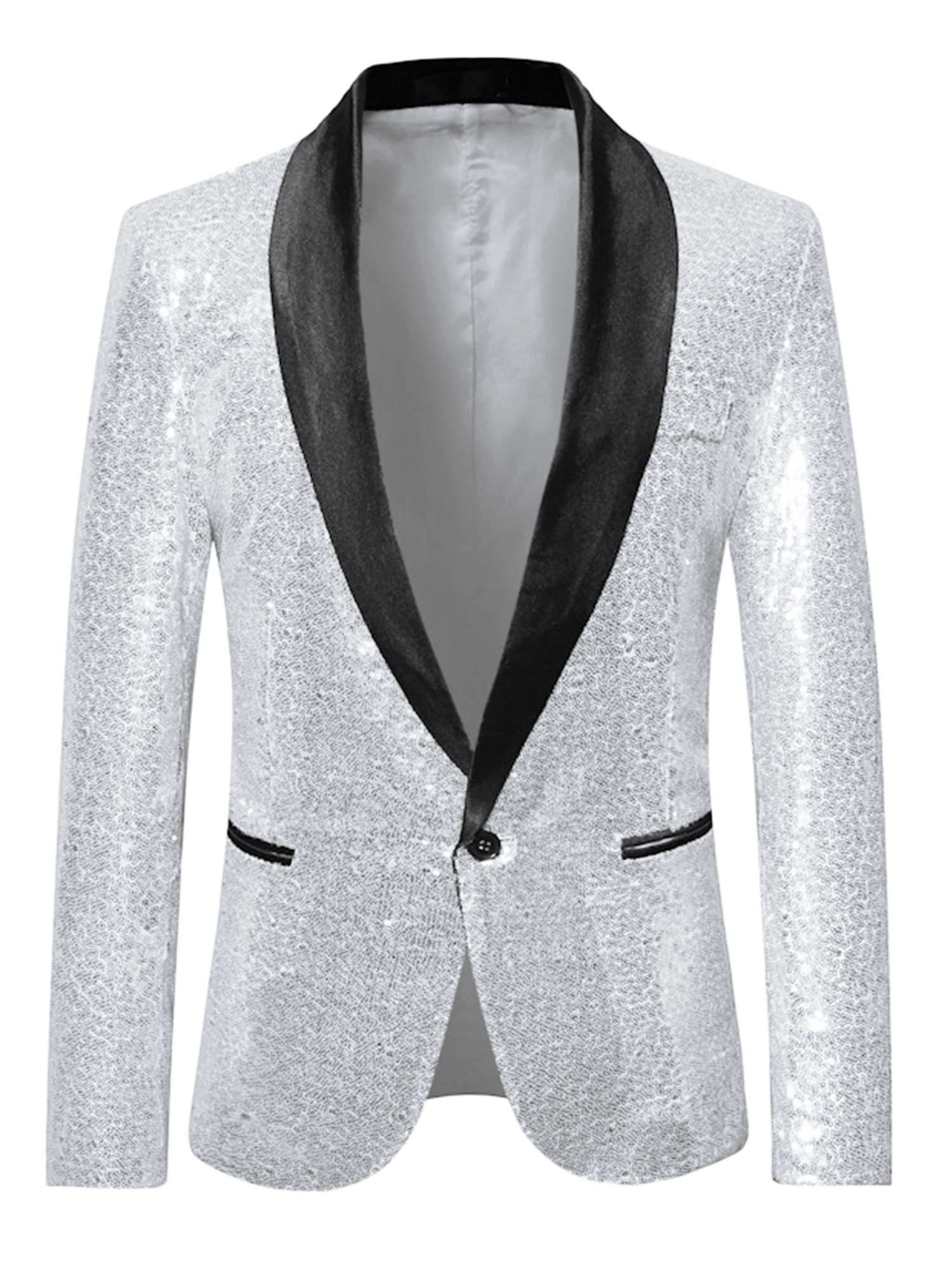 Unique Bargains Men's Sequin Sport Coats Shawl Lapel One Button Wedding Shiny Blazer L Silver