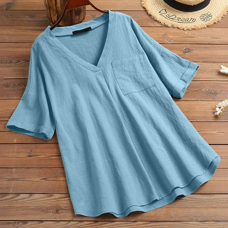 

HIMIWAY Women s Solid Color V-neck Half-sleeve Pocket Cotton And Linen Top