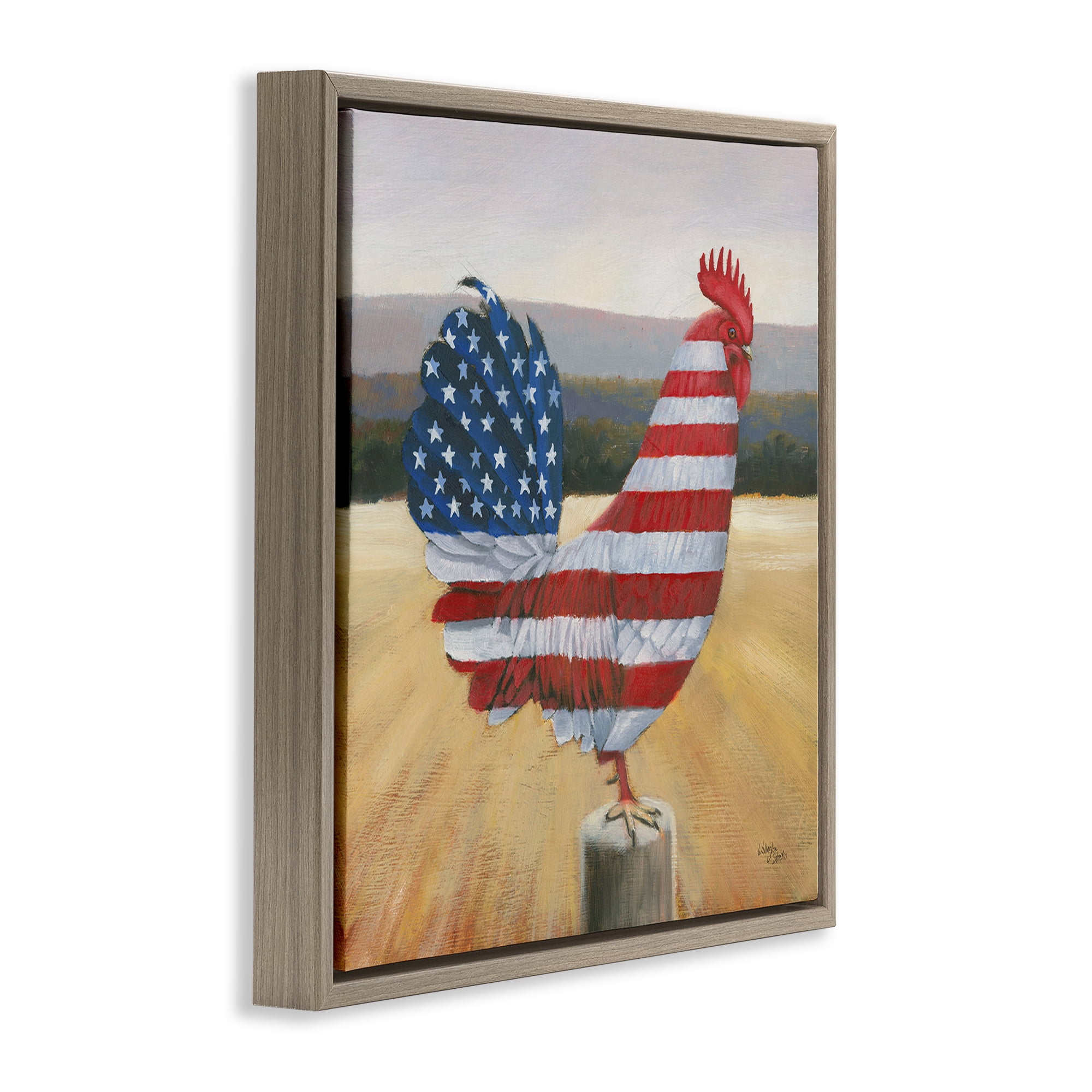 Stupell Industries American Flag Rooster Animals & Insects Painting Brown Floater Framed Canvas Art Print Wall Art, 18 x 18