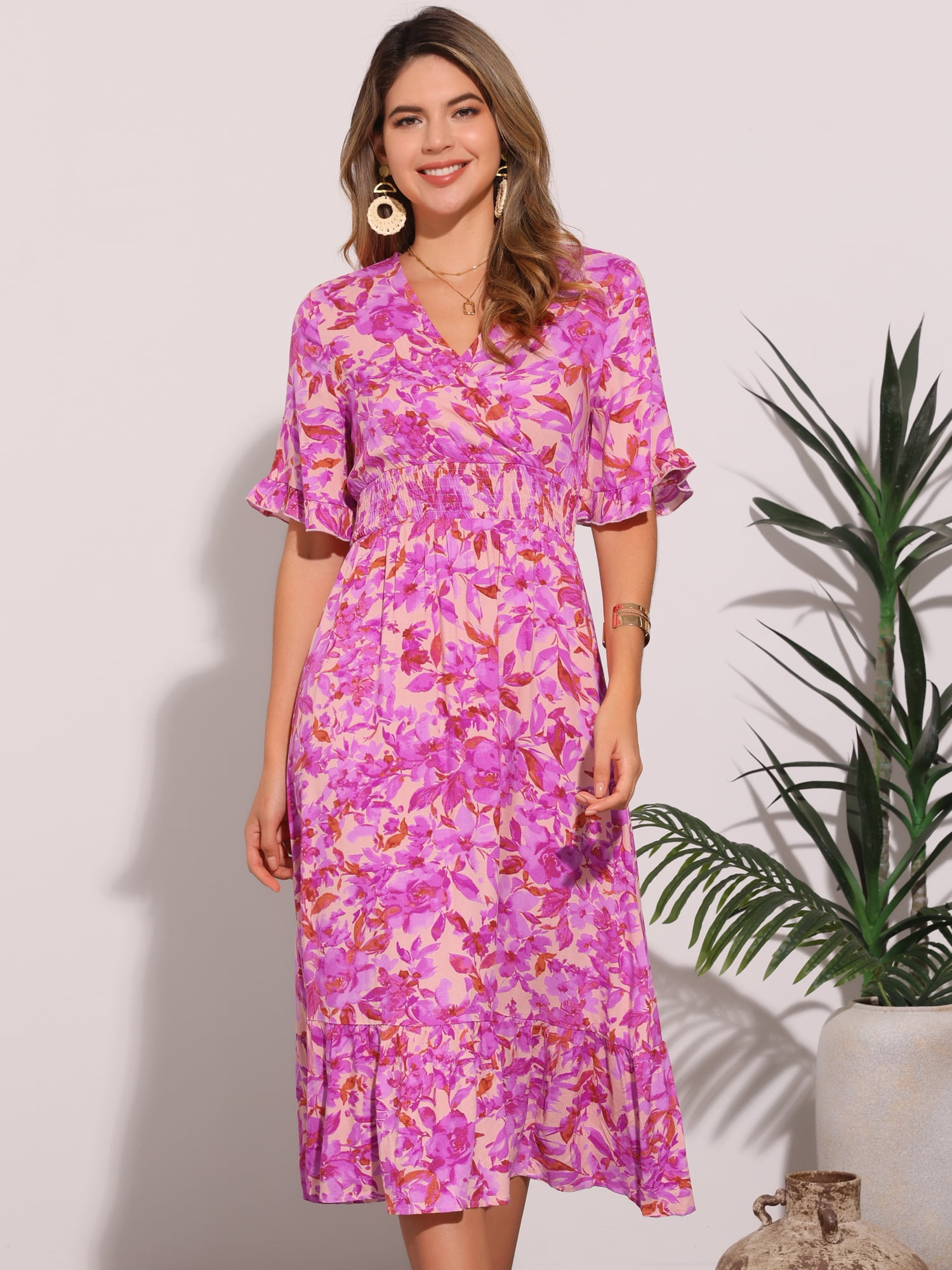 DARING DIVA Floral Summer Casual Ruffled Hem Wrap Midi Dress XS Rose Pink
