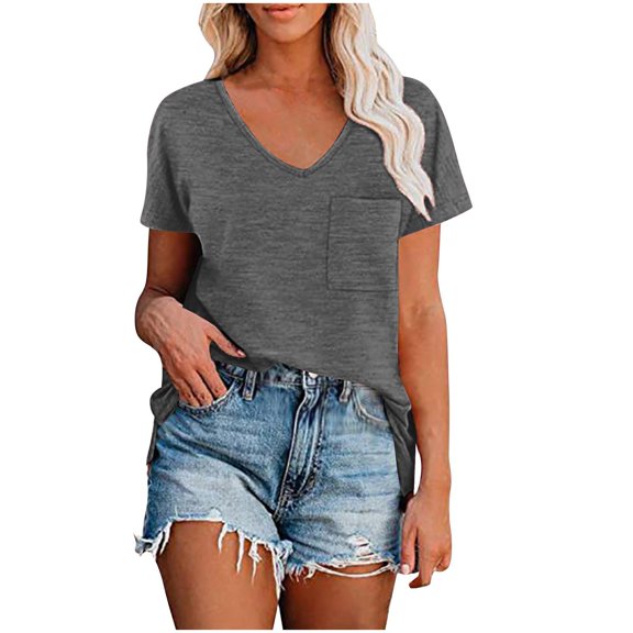 Womens Summer Tops V-neck Raglan Shoulder Split Short-Sleeved Solid Color Casualss Workout Tops Tee Shirts - Gray∣S
