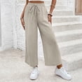 thumbnail image 2 of Women Linen Pants Summer Wide Leg Cropped Palazzo Pants Drawstring High Waisted Beach Lounge Trousers with Pockets,L, 2 of 6