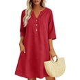 thumbnail image 2 of Atogsazn Women's V Neck Linen Midi Dress Flowy Short Sleeve Button Rolled Dresses A-Line Sundress Summer Red XXL Fashion, 2 of 5