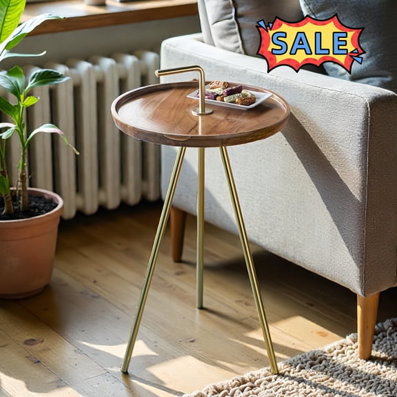 Tcbosik 16 inch Round Side Table, Modern End Table with Metal Legs, Accent Table for Small Space, Living Room, Bedroom, Easy Assembly, Brown Gold