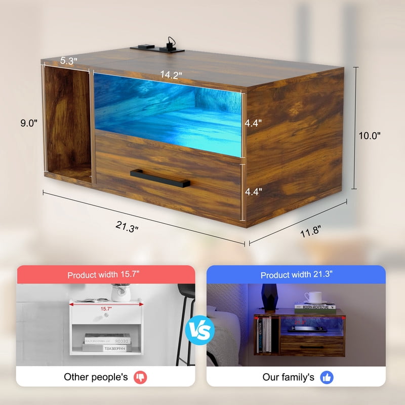 LED Nightstand with Remote Control 26.8” Modern Floating Nightstand with USB Port and Outlet for Bedroom, Rustic Brown