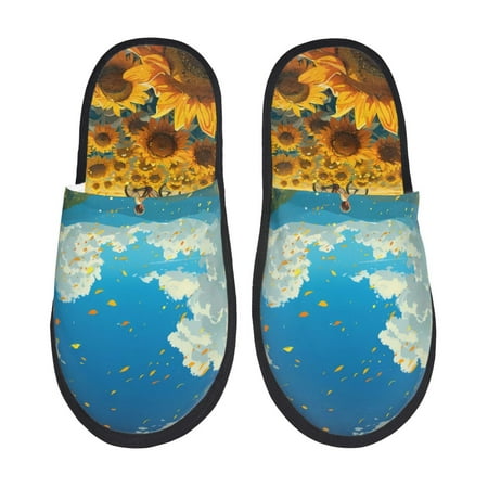 

Qekee Field Bicycle Young Sunflower print Slippers for Women and Men Fluffy Cute Cozy House Slipper Funny Furry Bedroom Slippers for Women Indoor -Large