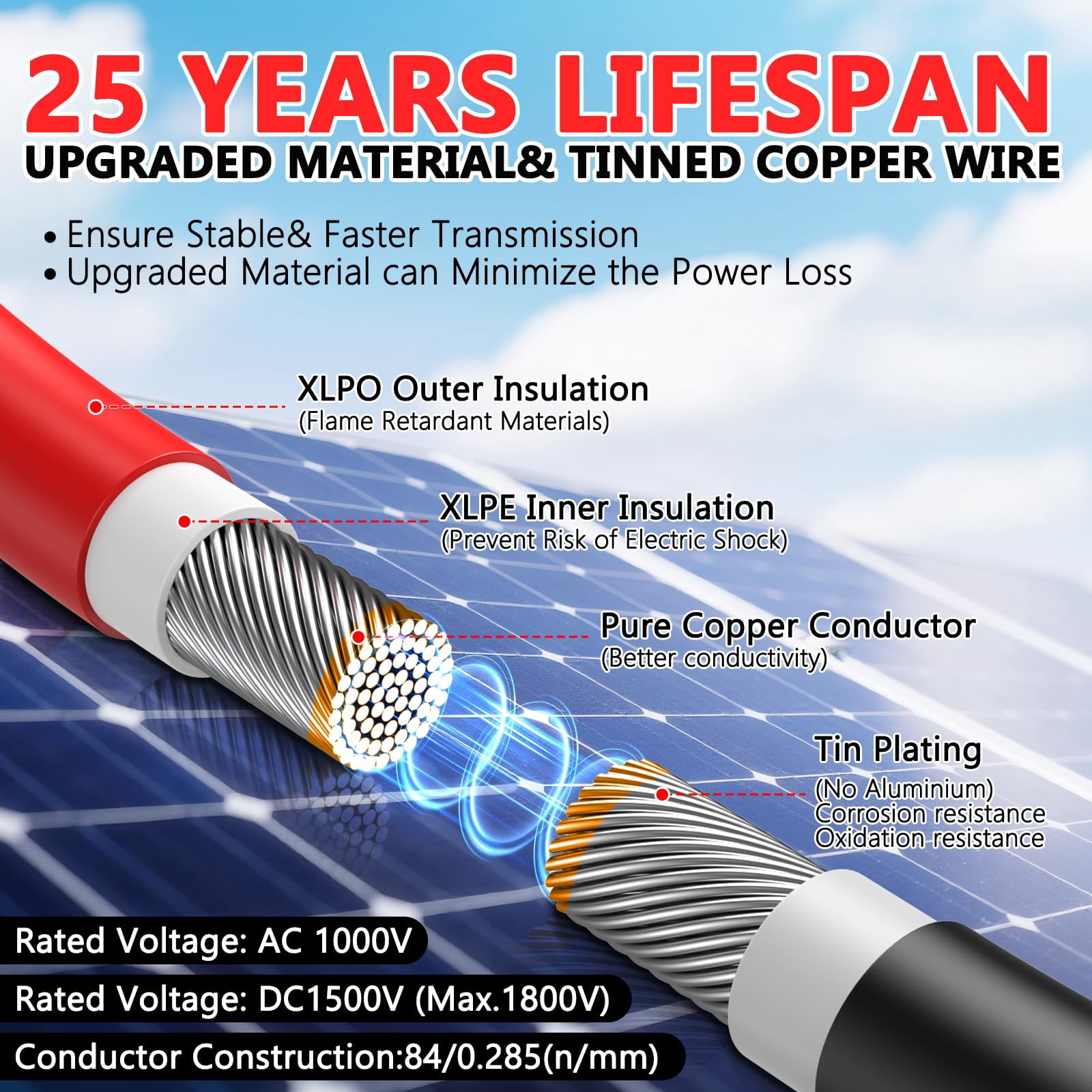 Solar Panel Extension Cable 40FT 10AWG, 6mm² Solar Extension Cable Wire with Female Male Waterproof Connectors for RV, Photovoltaic Systems