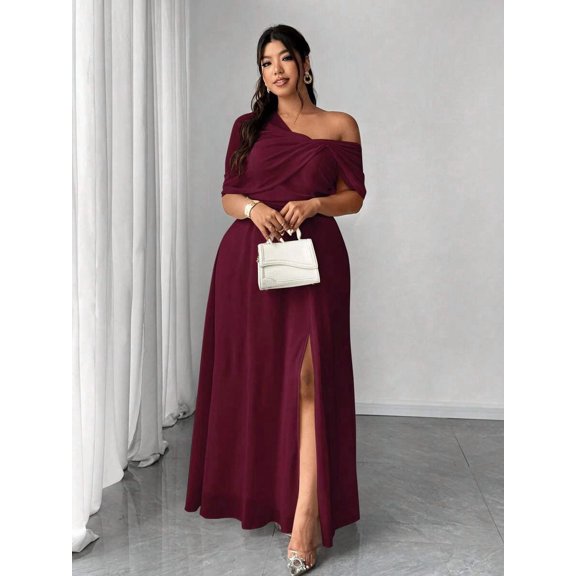 Burgundy Elegant One-Shoulder Chiffon Maxi Dress With High Side Slit For Wedding Party Event