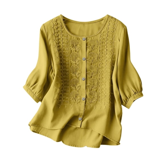 Tops for Women 3/4 Sleeve Round Neck Buttons Women Casual Loose Cardigan Shirt Blouse