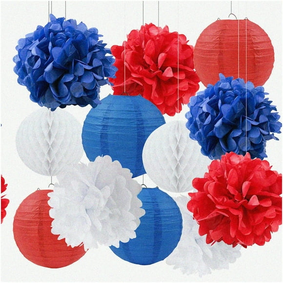 Ahoy Baby 4th of July Nautical Party Decor Set - Navy Blue, White, Red Tissue Pom Poms, Paper Lanterns, Honeycomb Balls for Independence Day Celebration