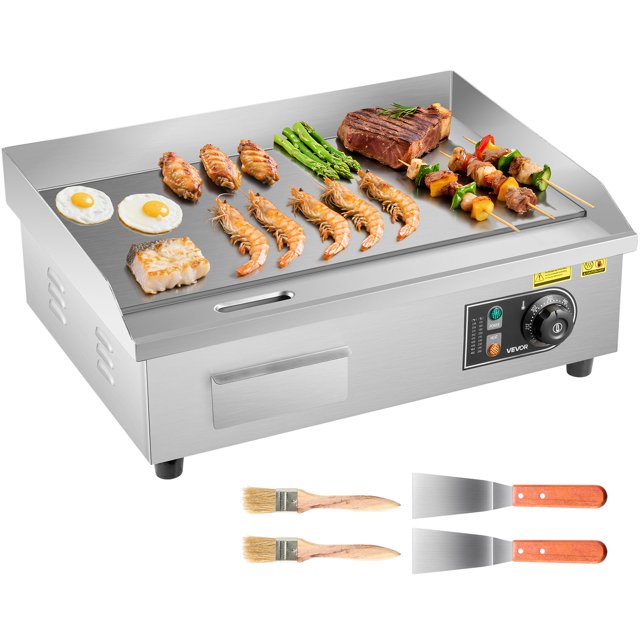VEVOR Commercial Electric Griddle, 21 x 11.8 inch, 1750W, 122-570°F Adjustable Temp Control, Stainless Steel Countertop Flat Top Grill with 2 Spatulas, 2 Brushes and 4 Foot Pads