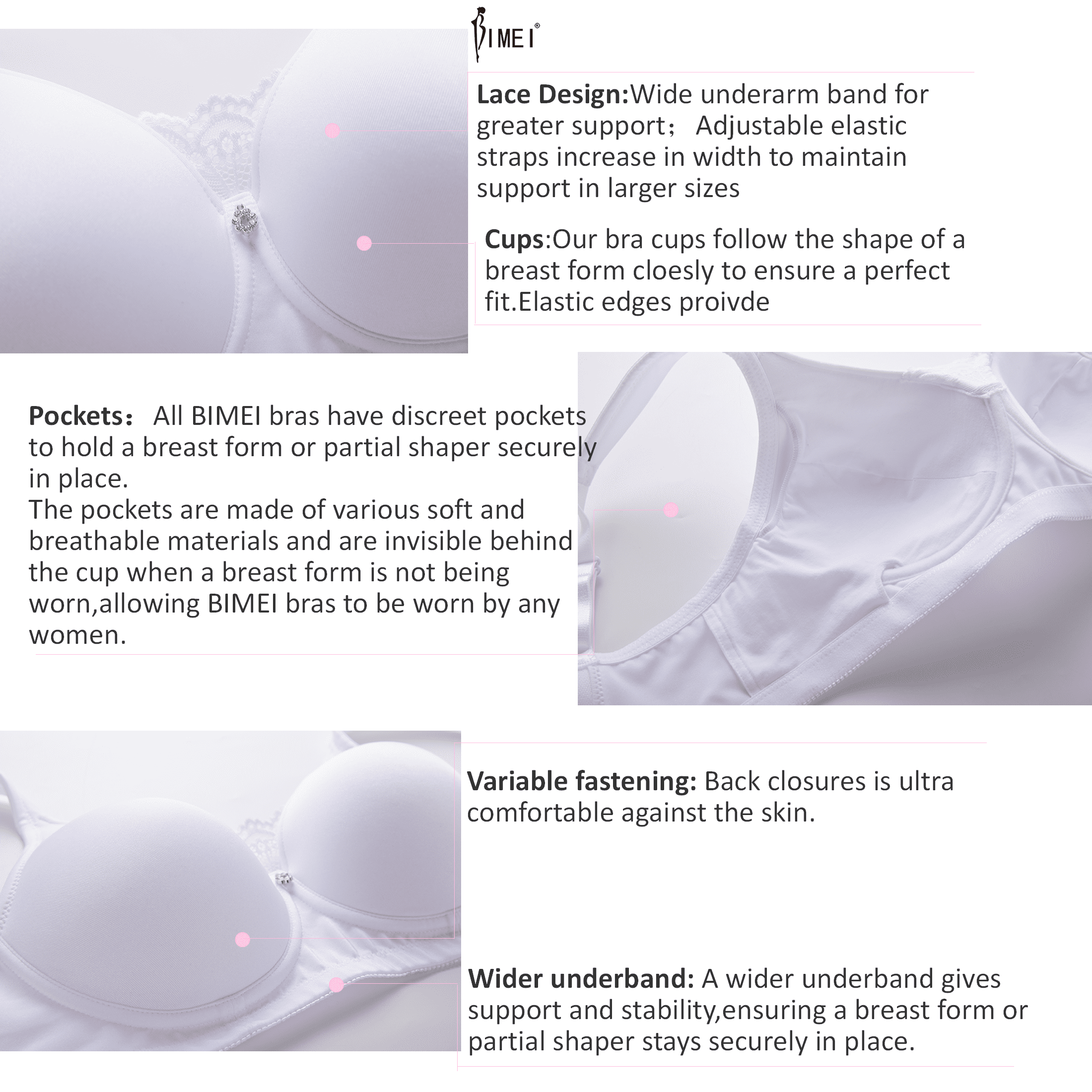 BIMEI Women's Mastectomy Bra Pockets Wireless Post-Surgery Invisible  Pockets for Breast Forms Everyday Bra Plus Size Bra 9818,White, 38B 