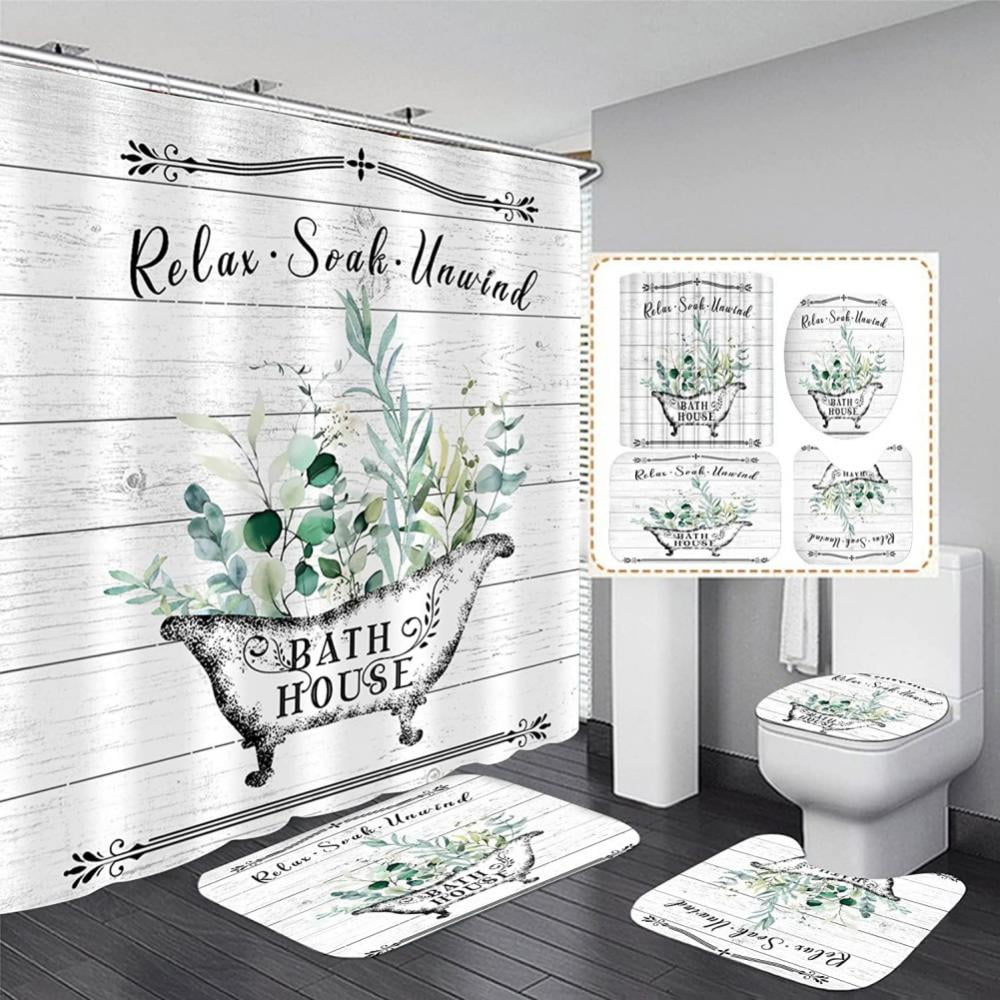 4 Pcs Farmhouse Shower Curtain Set Green Leaves Bathroom Decor Bathroom