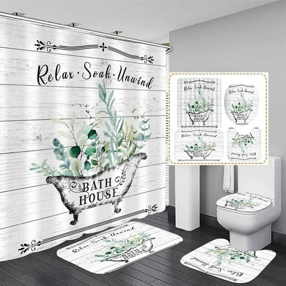 4 Pcs Rustic Sunflower Shower Curtain Sets with Non-Slip Rug, Toilet Lid Cover and Bath Mat, Country Inspirational Shower Curtain with Hooks, Barn Wood Shower Curtains for Bathroom Decor