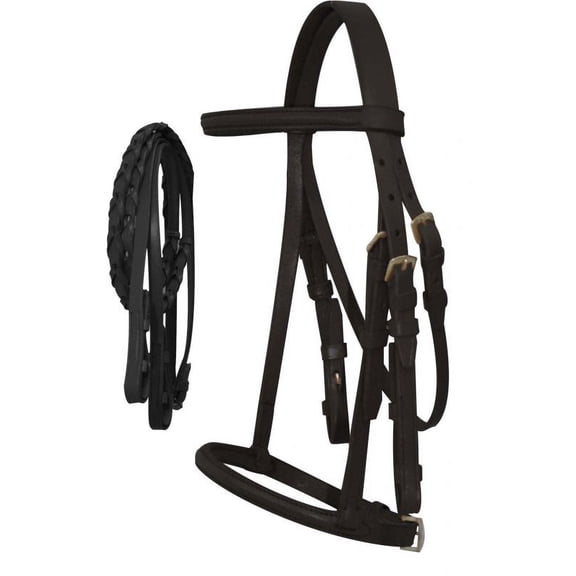 Cobb Size English Headstall w/ Raised Browband & Braided Leather Reins (Black)