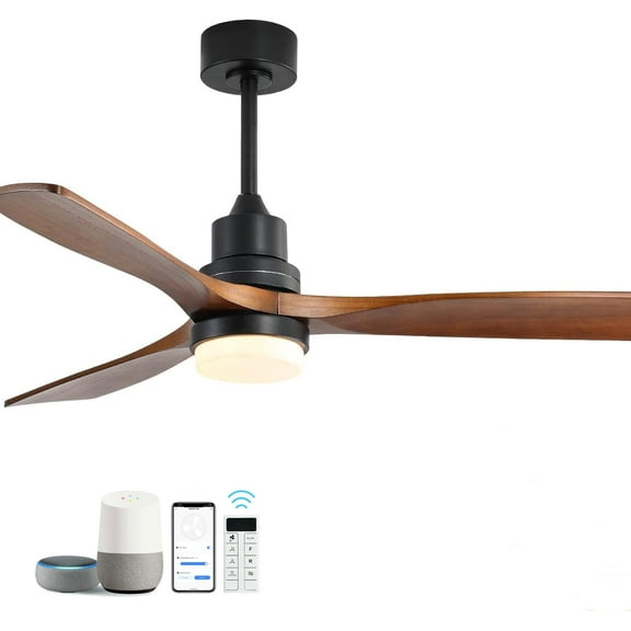 imerelez 52 Inch Smart Ceiling Fan with LED 18W Triple Color Dimmable Memory Lighting 3 Walnut Finish Blades and DC Motor