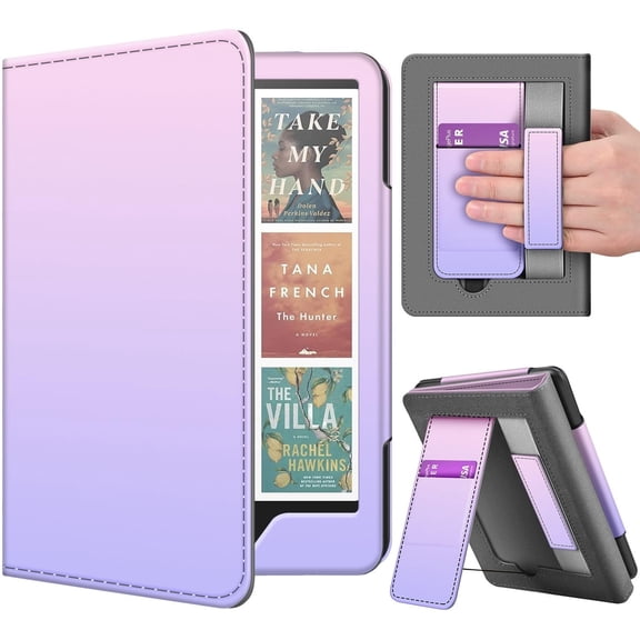 Stand Case for Kindle Paperwhite 12th Generation 2024 / Kindle Colorsoft Signature Edition with Hand Strap & Card Slot - 7" PU Leather Protective Folio Cover with Auto Wake/Sleep, Pink Purple