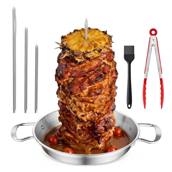 Walchoice Al Pastor Skewer for Grill, Stainless Steel Vertical Skewer, Brazilian Spit Stand with 3 Spikes(8”/10”/12”) & Brush Tong, Sharwarma Meat Stand for Taco, Kebab, Chicken - Fits Oven & Smoker