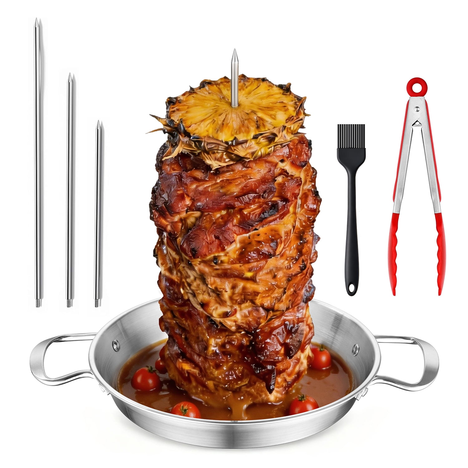 Walchoice Al Pastor Skewer for Grill, Stainless Steel Vertical Skewer, Brazilian Spit Stand with 3 Spikes(8”/10”/12”) & Brush Tong, Sharwarma Meat Stand for Taco, Kebab, Chicken - Fits Oven & Smoker