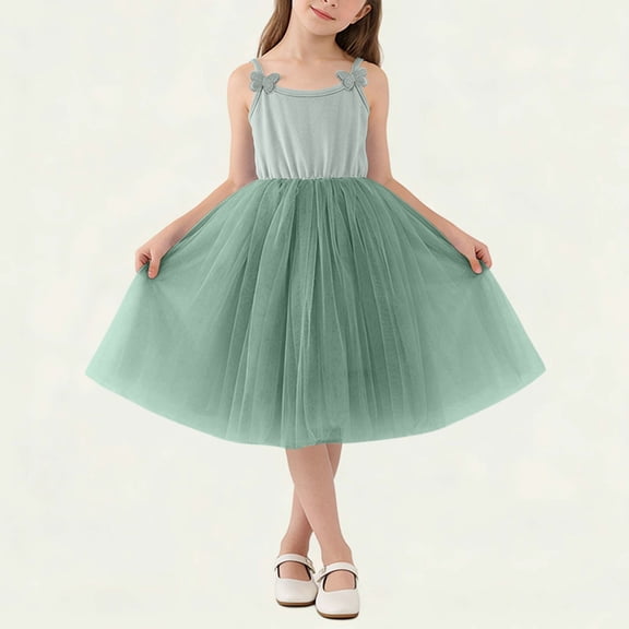 BLTIBY Girls Midi Tulle Dresses Cami Spaghetti Strap 3D Butterflies Sleeveless Tutu Dress Summer Birthday Party Gowns Green 1-2 Years