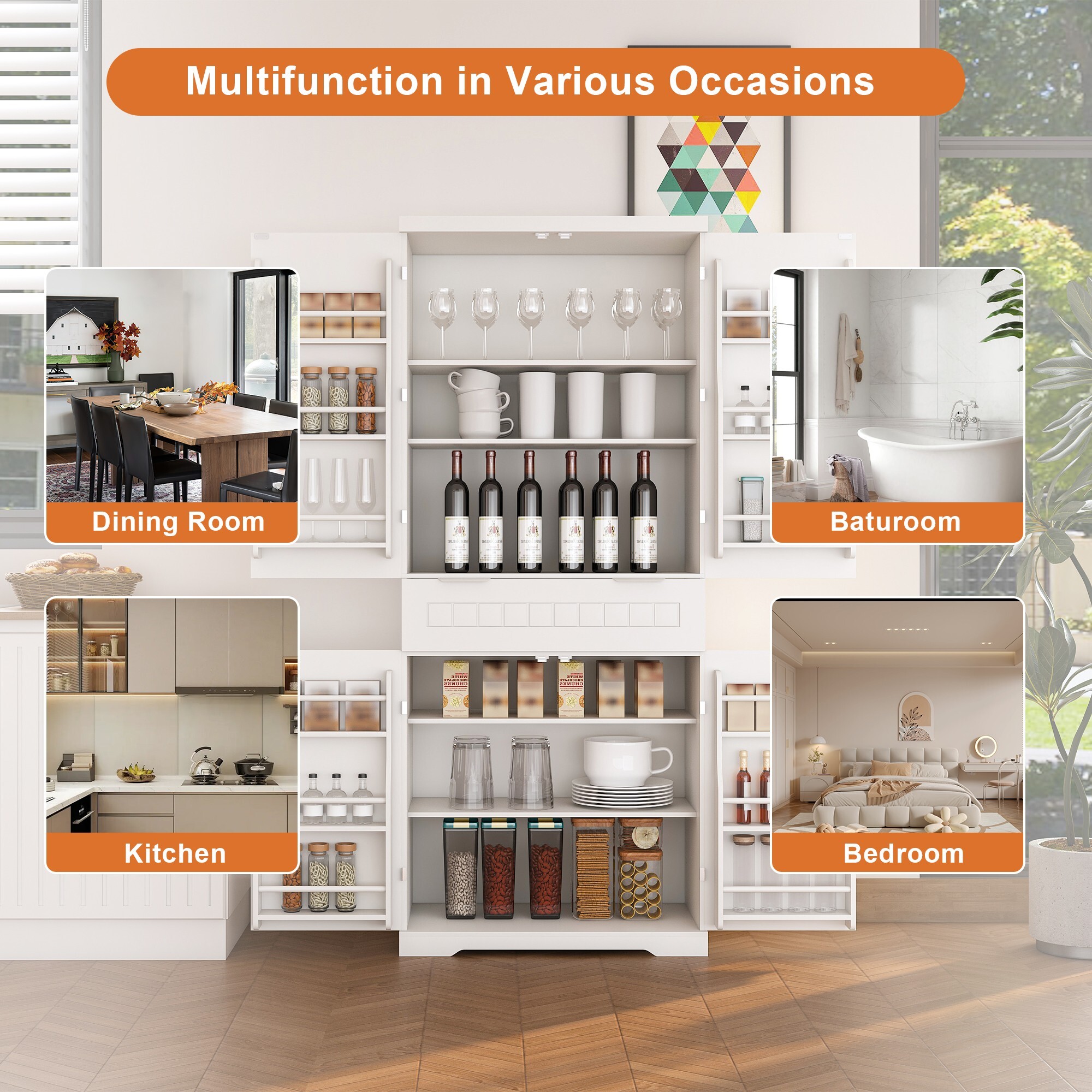AENKYO 71-inch Farmhouse Pantry Cabinet - Spacious Freestanding Kitchen Storage with Adjustable Shelves, White