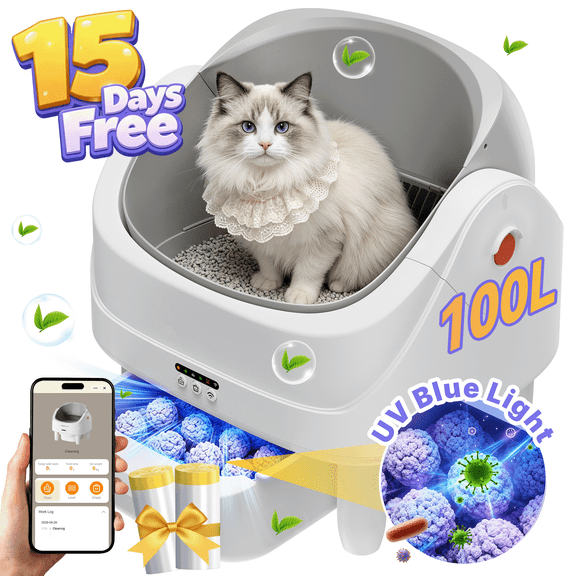 Self Cleaning Litter Box,Open Top Automatic kitty Litter Box with App Control for Multiple Cats, Safety Sensors Protection, Odor Control Includes 2 roll Liners,11L Large Waste Bin