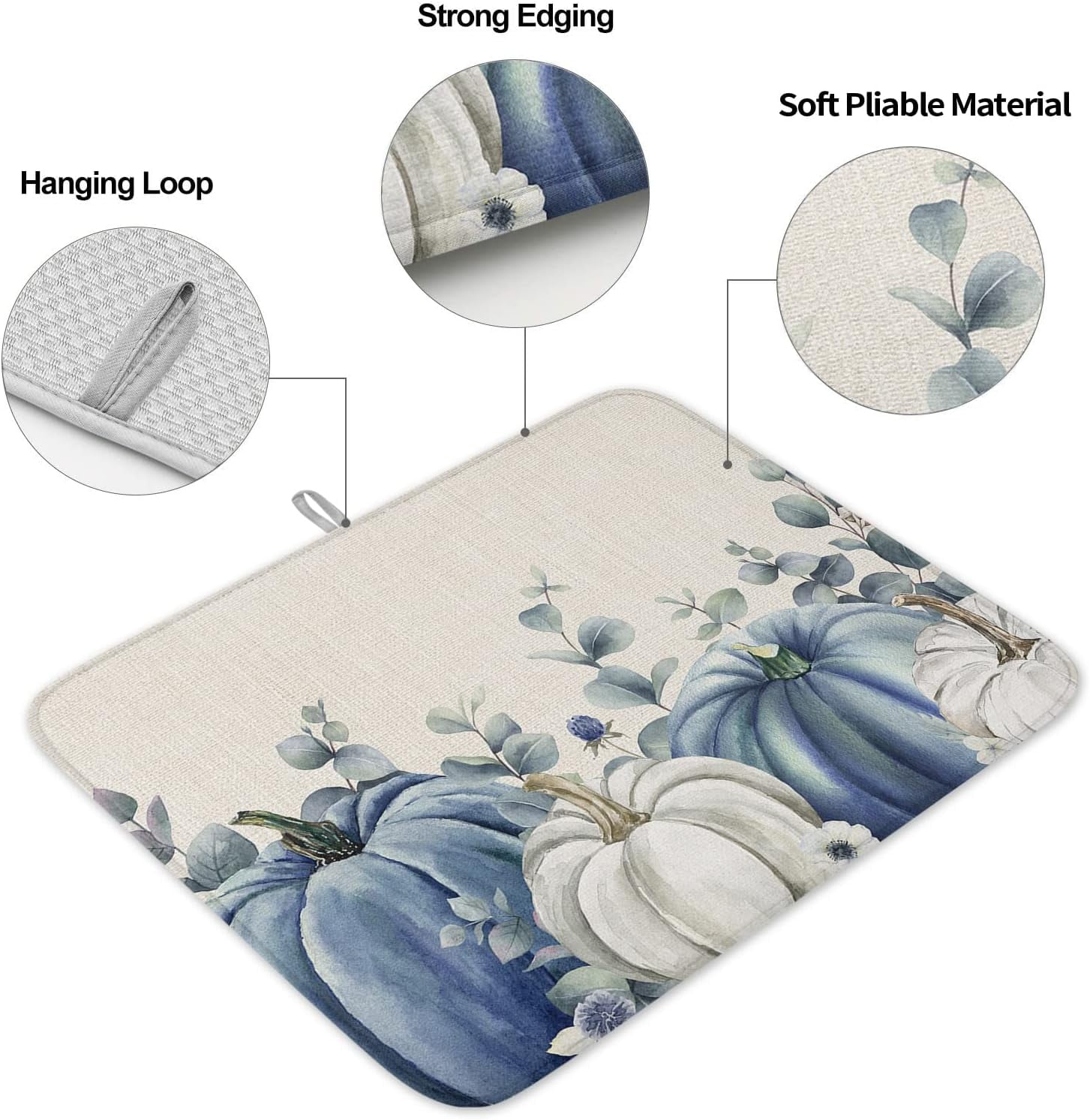 Blue Gray Pumpkins Fall Dish Drying Mat for Kitchen Counter, Thanksgiving Eucalyptus Leaves Baby Bottle Microfiber Drying Pad, Rustic Botanical Absorbent Coffee Cup Dishes Drainer Mats 18"x24", 1 Pcs