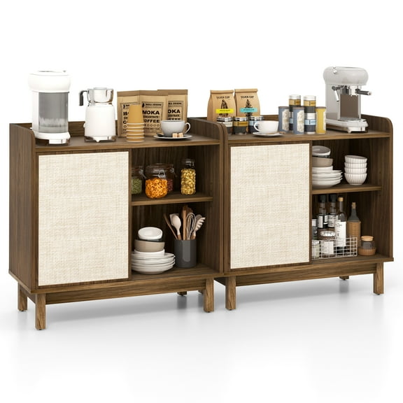 Gymax 2PCS Rattan Buffet Sideboard w/ Adjustable Shelves Storage Cabinet & Sliding Door