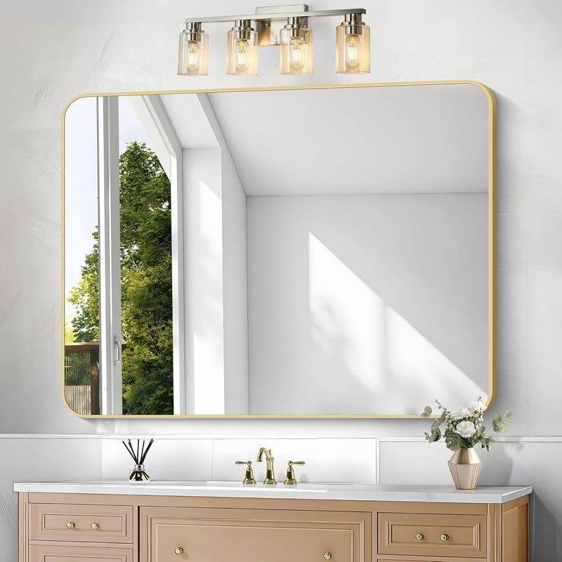Clarvion 36"x48" Rounded Edge Rectangle Bathroom Mirror Wall Mounted Vanity Mirror,Gold