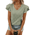thumbnail image 2 of Camiseta de Verano para Mujer, Cuello en V, Volantes, Corta, Calada, Verde Frijol, XL, 2 of 8