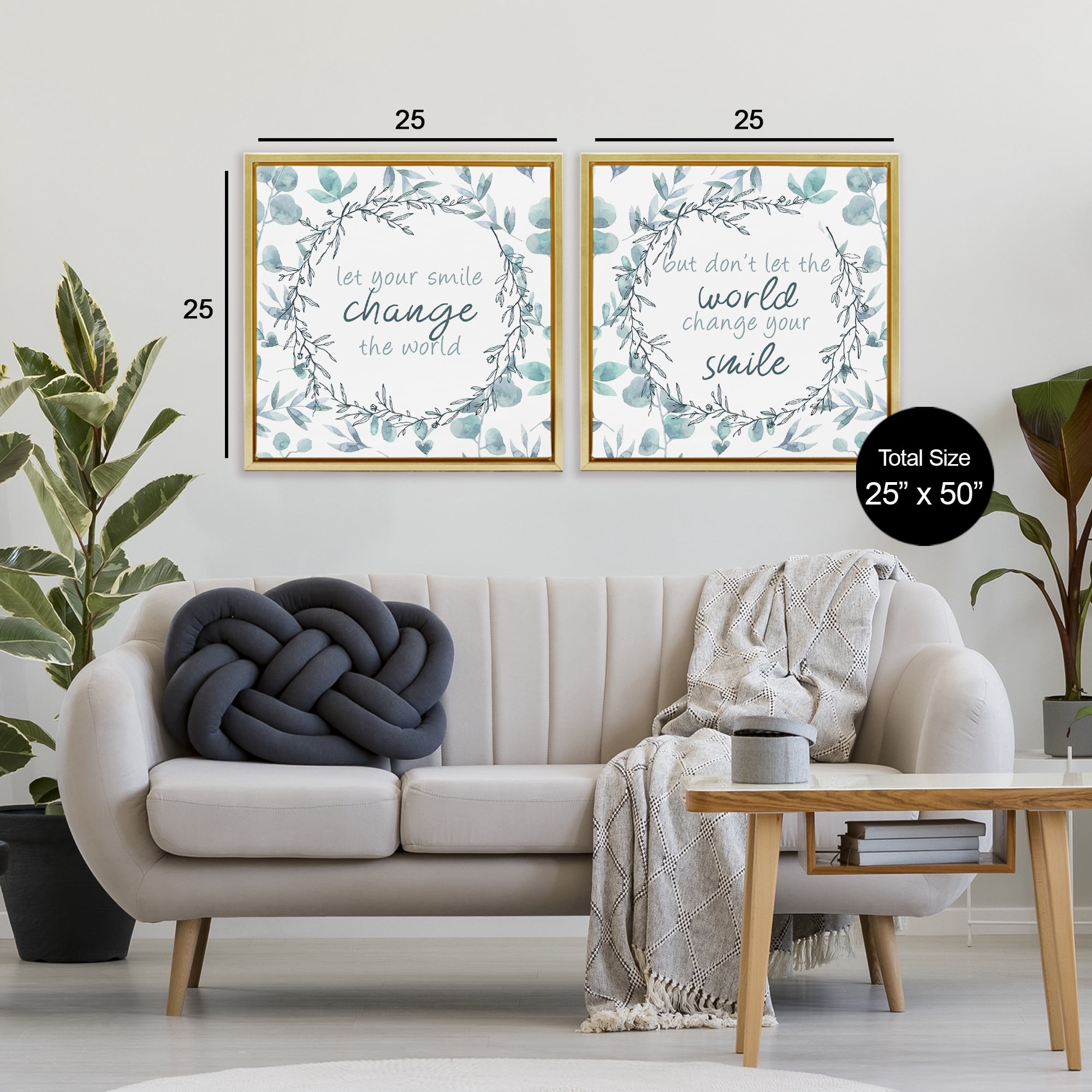 Stupell Industries Inspirational Smile Quotes 2 Piece Gold Framed Floater Canvas Set, design by Kim Allen