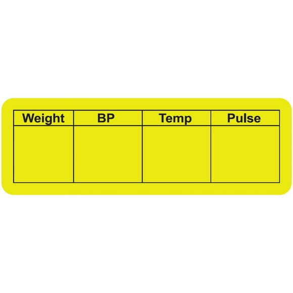 Vitals Tableau de Suivi des Étiquettes Poids BP Temp Pulse, 3 Pouces x 1 Pouces Fluorescent Chartreuse/noir, Adhésif Permanent, 250 Autocollants/boîte, Doctor Stuff