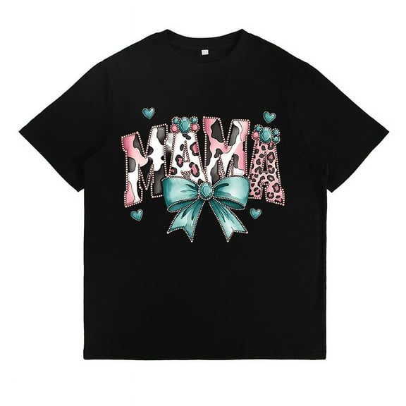 Mama Bows & Leopard with Hearts Pattern Tops for Womens Fashion Graphic Tees Short Sleeve Tops Black,S