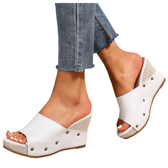 Slip On Wedge Sandals for Women Backless Open Toe Sandals Soft Leather Platform Non Slip Dressy SIides White Size 9.5