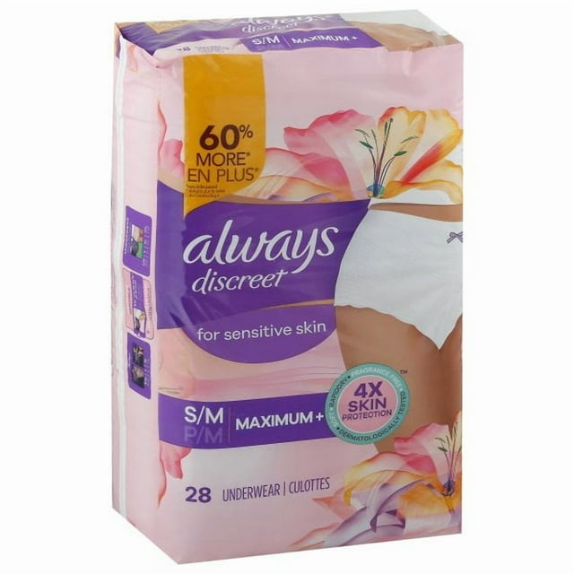 Always Discreet for Sensitive Skin Underwear, Four Times Skin Protection, Dermatologically Tested, Fragrance-Free, Maximum Absorbency S/M