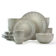 Elama White Lace 16 Piece Round Scallop Stoneware Dinnerware Set in White