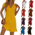 thumbnail image 1 of QIUOMBBP Robe T-Shirt Mini pour Femmes à Manches Courtes, Col en V, à Volants, Coupe Évasée, avec Poches, Ample, Décontractée, Robe d'Été pour les Vacances, Rouge Melon D\'eau, S, 1 of 1