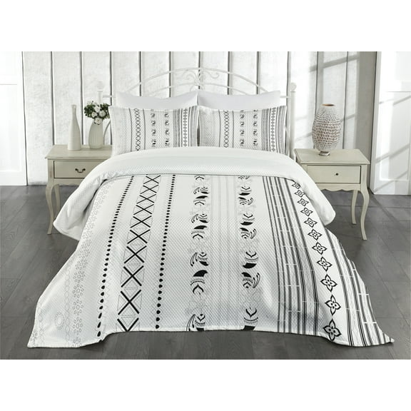 Ambesonne Folk Quilted Bedspread Set 3 Pcs, Eastern Style Vertical Stripes, Queen Size, White Black