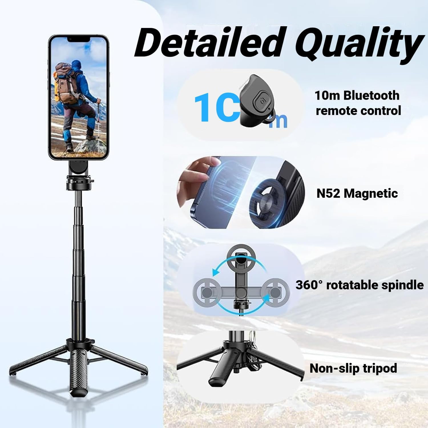 2026 New Magnetic Pocket Selfie Stick, 4-in-1 Multifunctional 360° Rotation Magnetic Selfie Stick, Portable Phone Tripod Stand with Wireless Remote for IPhone & Android, Video Recording