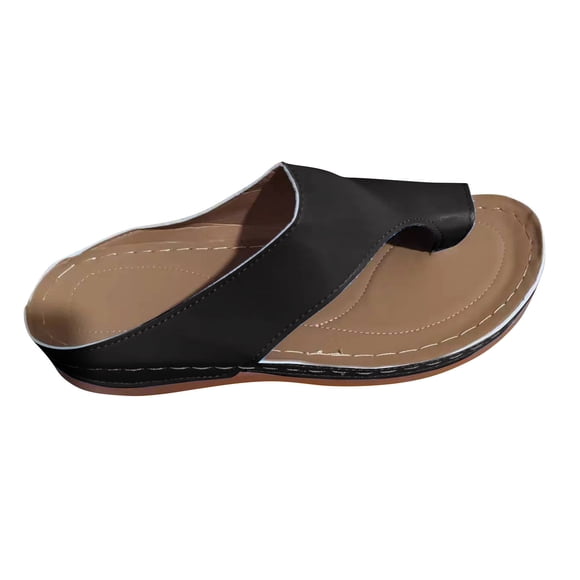 Sandals for Womens Toe Ring Flip Flop Sandals Flat Bottomed Low Wedge Heels Arch Support Solid Color Open Toe Slip on Non Slip Beach Summer Thong Sandals Black