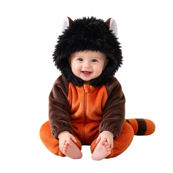 CUZIBR Newborn Halloween Costumes Boy Girl Fuzzy Onesie Animal Romper Jumpsuit Hooded Zip Up Long Sleeve Soft Cosplay Party Clothes,Orange,6-9 Months