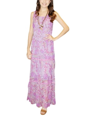 Mogul Bohemian Womens Maxi Dress Lace Work Shirred Waist Sleeveless Purple Printed Comfy Dresses M